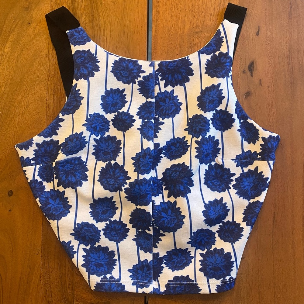 Topshop Crop Top Womens Blue White Floral Striped High Neck Tank Festival Size 0